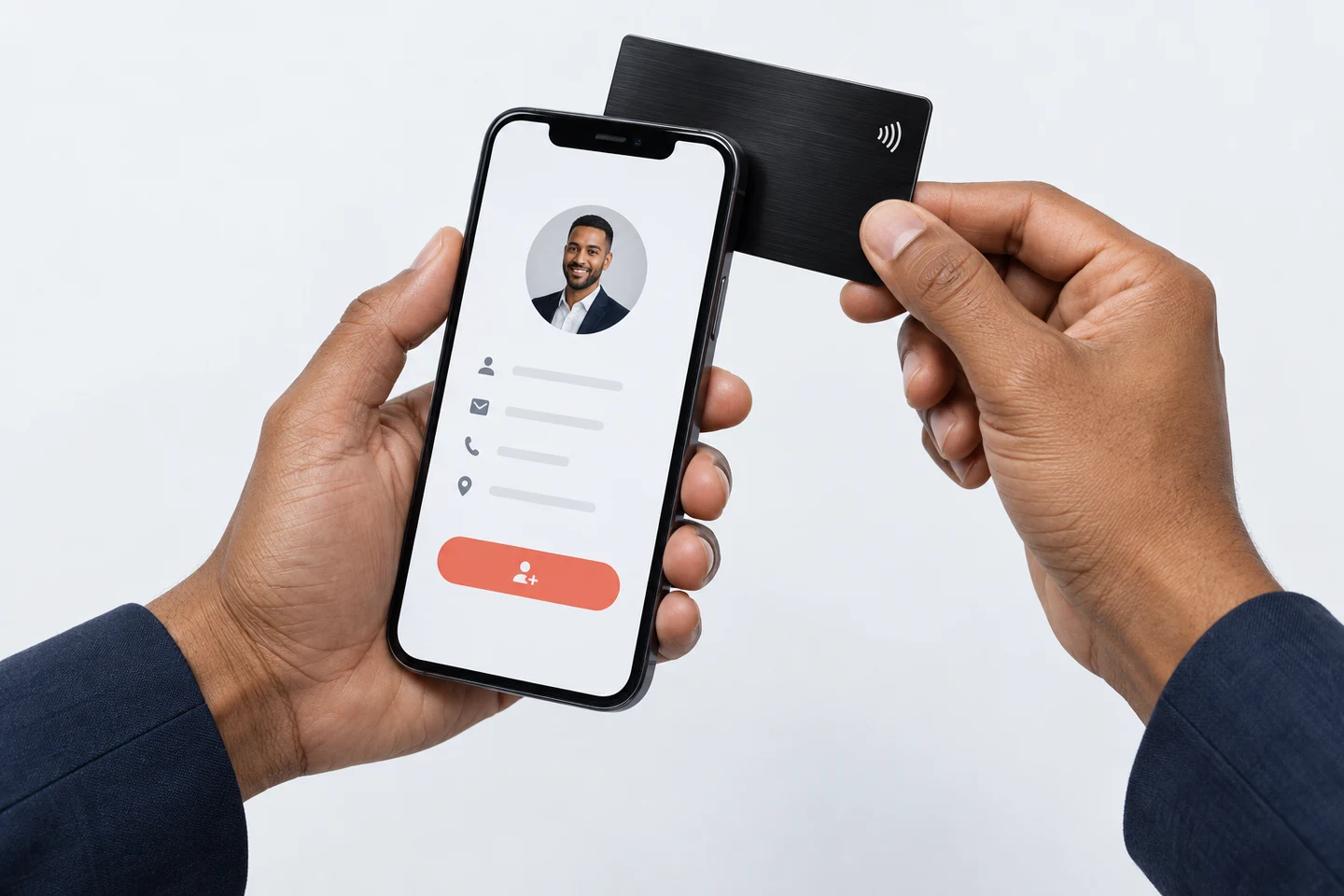 Illustration of hands holding a black NFC card near the top of a phone displaying a digital profile.