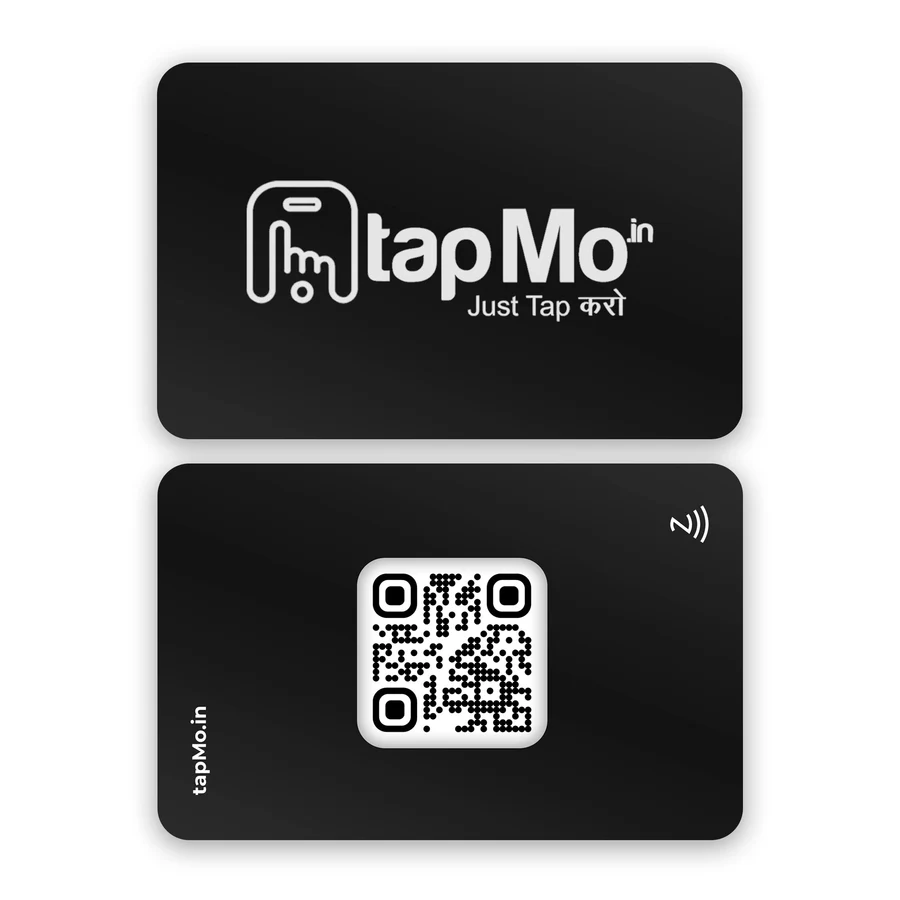 Front and back of the black TapMo PVC NFC card, with logo and QR code