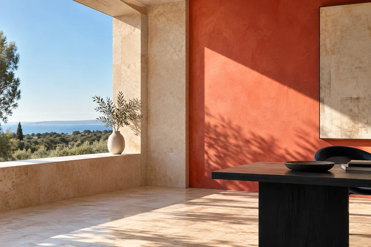 Sunlit creative workspace with a coral wall and an open landscape view