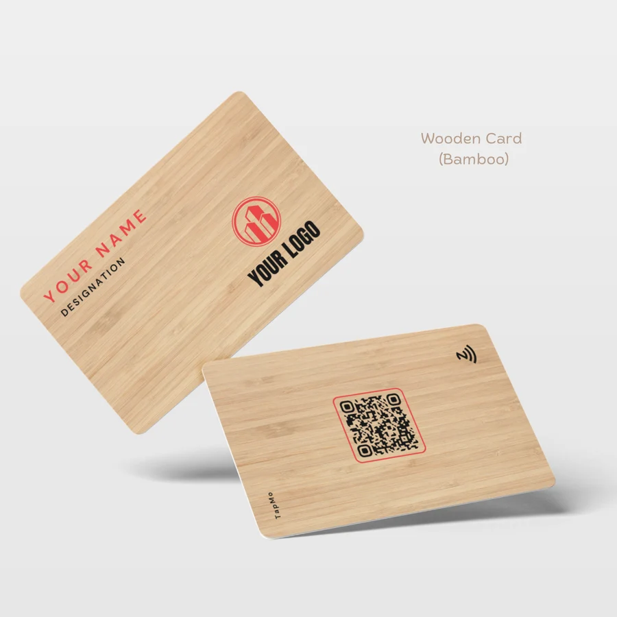 Both sides of a bamboo NFC business card with sample engraving and QR code