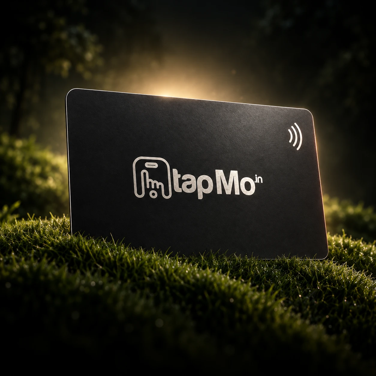 TapMo black metal NFC card in a sculptural landscape — illustrative product scene