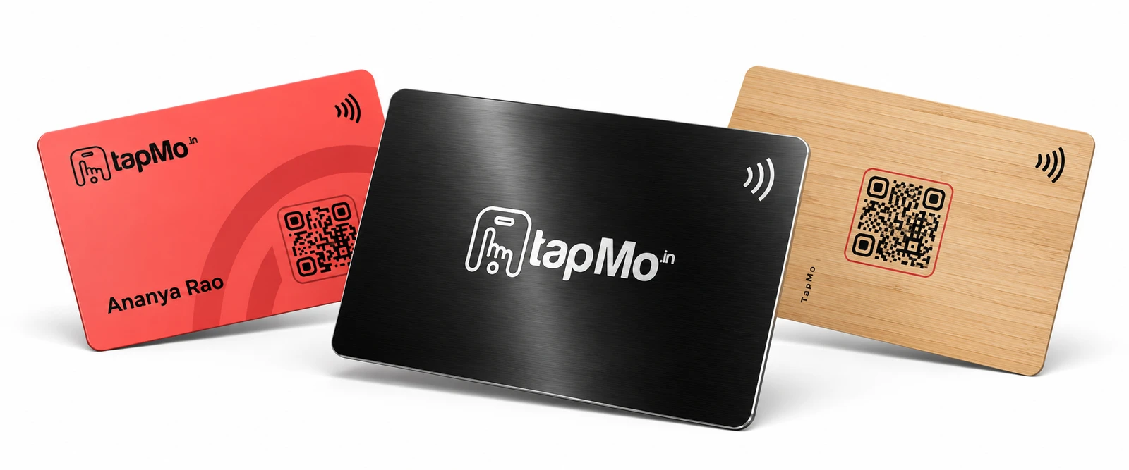 Illustrative TapMo lineup: reflective black metal in front, colourful coral PVC on the left and natural bamboo on the right.